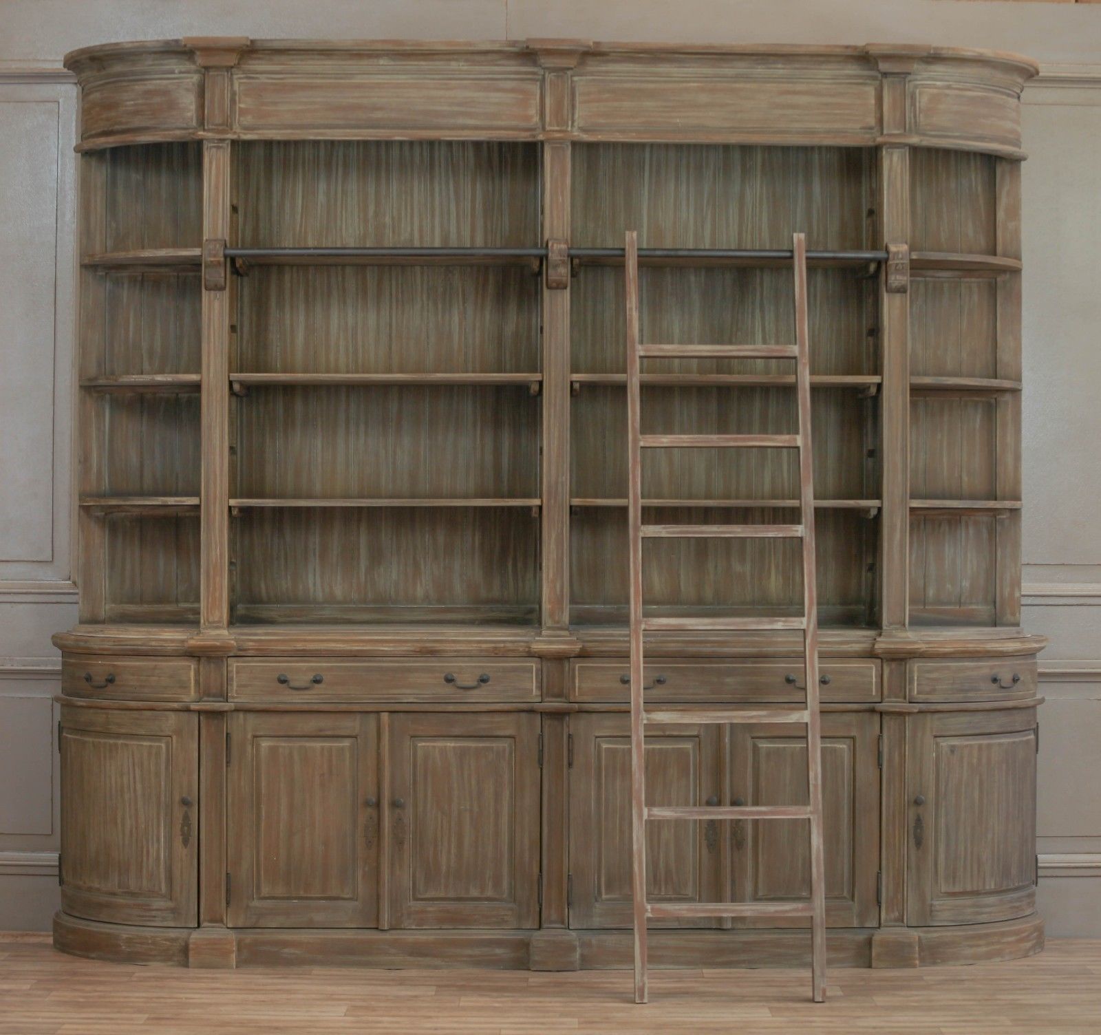 Extra Large Wooden Double Bookcase with Ladder Maison Reproductions