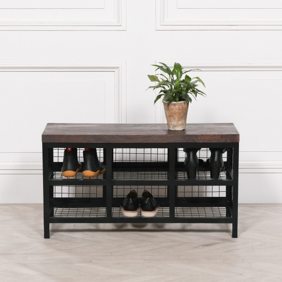 Black Metal Storage Bench with Wooden Top Maison Reproductions