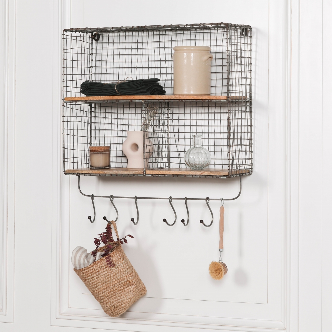 Wire 3 Compartment Wall Shelf with Wood Shelves and Hooks Maison