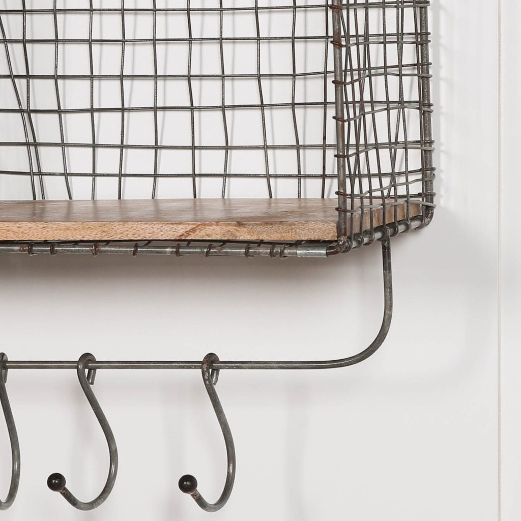 Wire 3 Compartment Wall Shelf with Wood Shelves and Hooks Maison