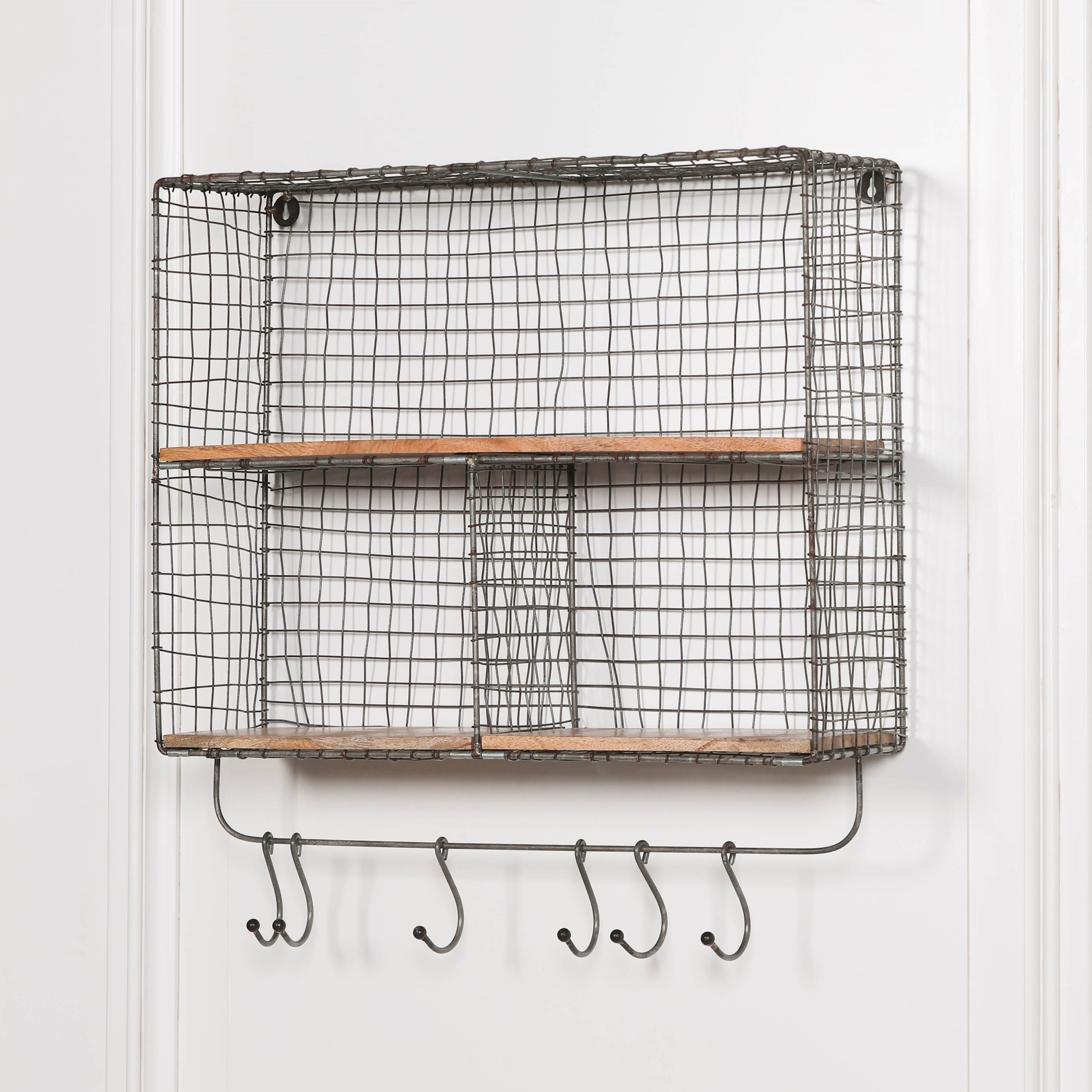 Wire 3 Compartment Wall Shelf with Wood Shelves and Hooks Maison